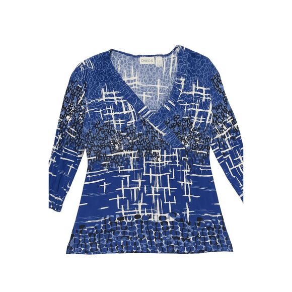 Chico’s Travelers Top L Blue White Abstract Prnt VNeck 3/4 Slve Business Casual - Picture 2 of 5